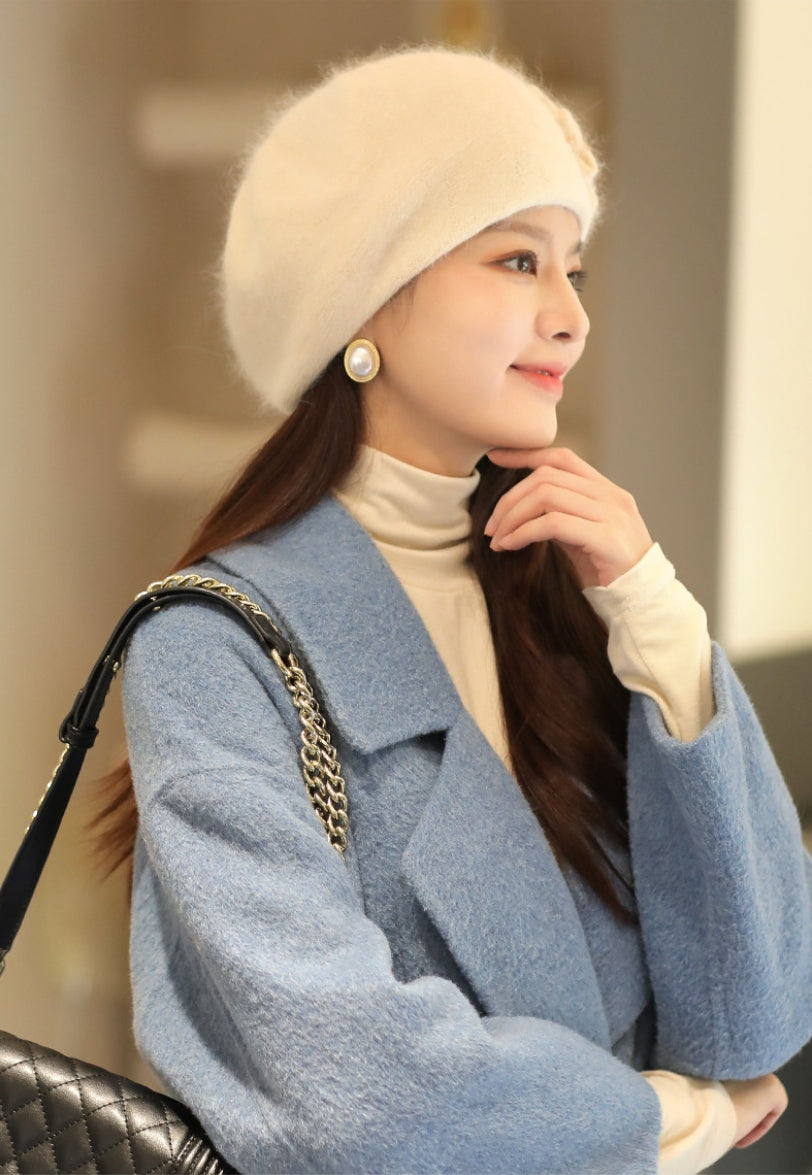 Women's autumn and winter plush warm hat, warm rabbit wool knitted hat, knitted beret