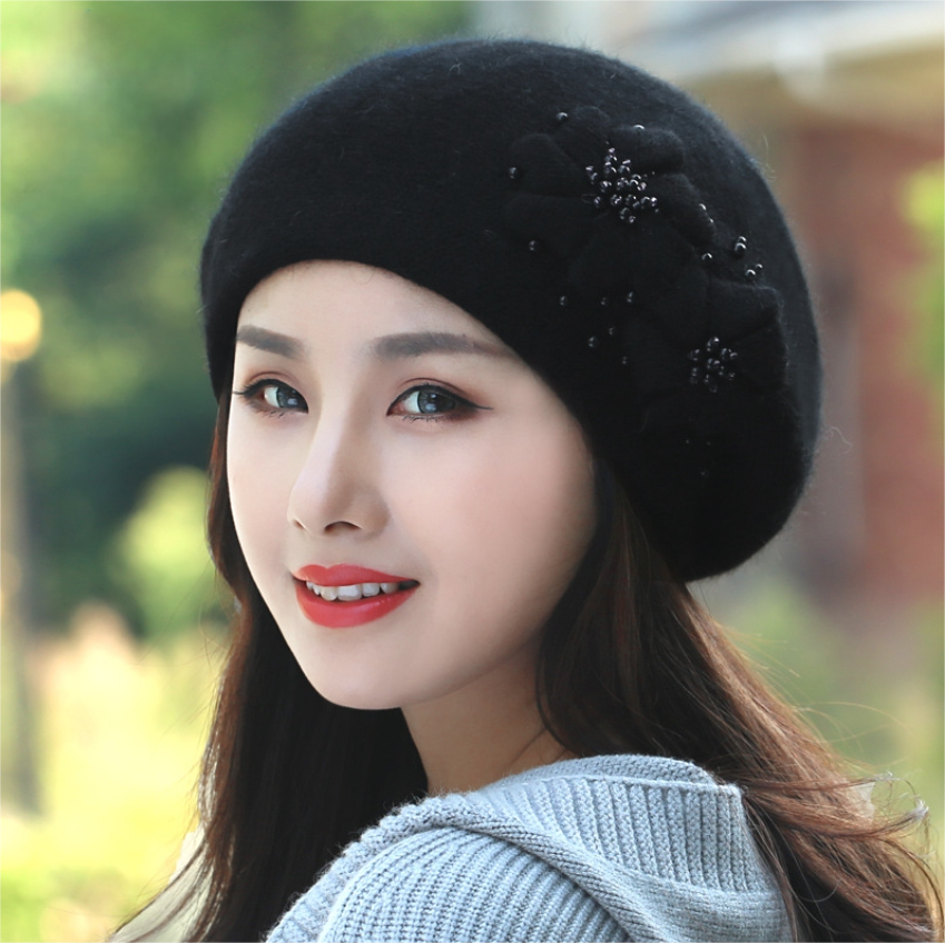 Women's autumn and winter plush warm hat, warm rabbit wool knitted hat, knitted beret