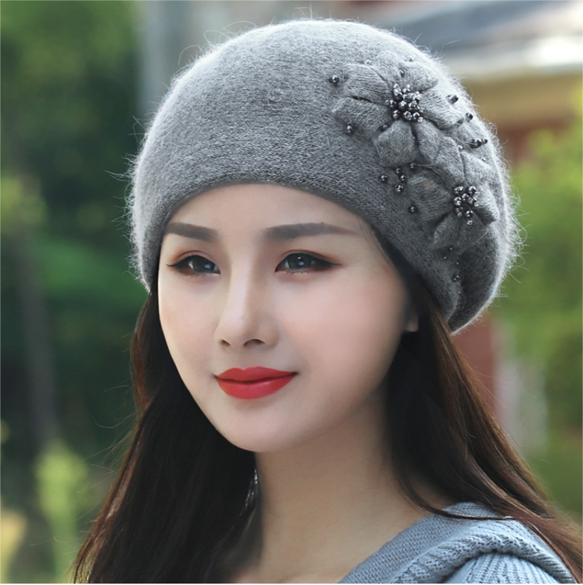 Women's autumn and winter plush warm hat, warm rabbit wool knitted hat, knitted beret