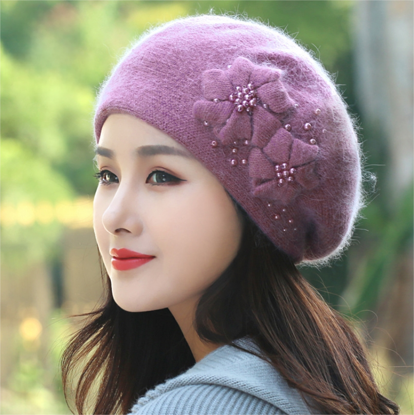 Women's autumn and winter plush warm hat, warm rabbit wool knitted hat, knitted beret