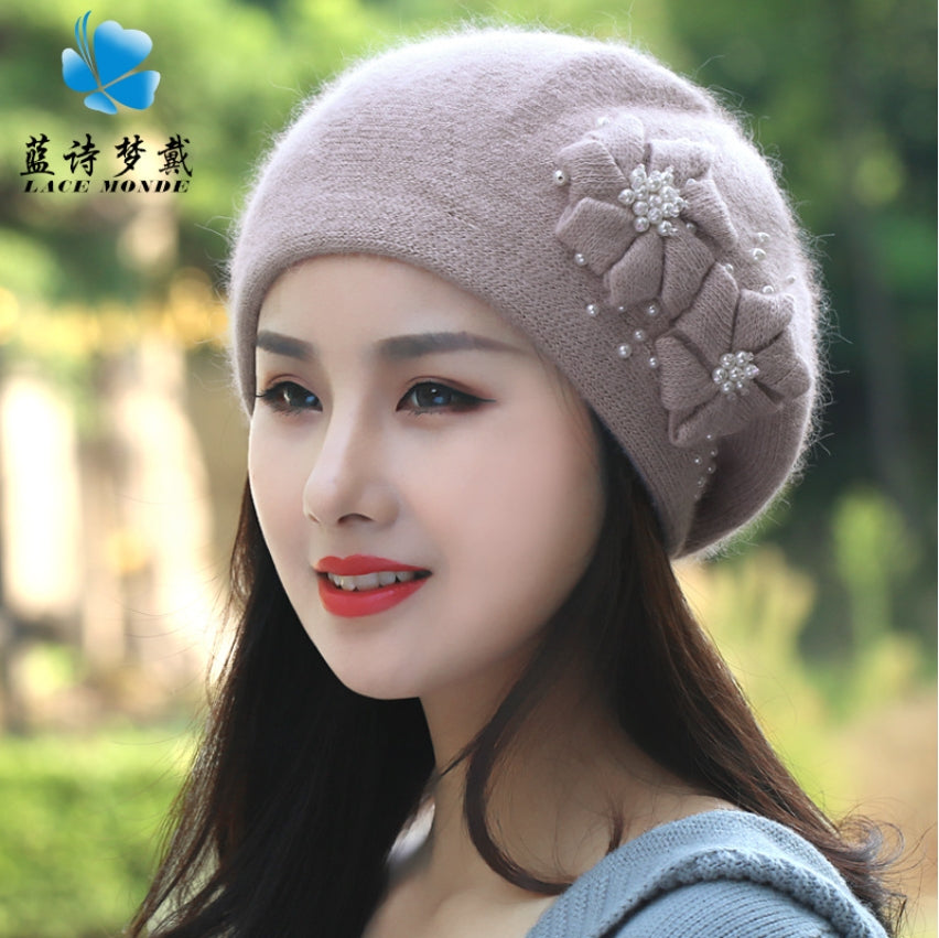 Women's autumn and winter plush warm hat, warm rabbit wool knitted hat, knitted beret