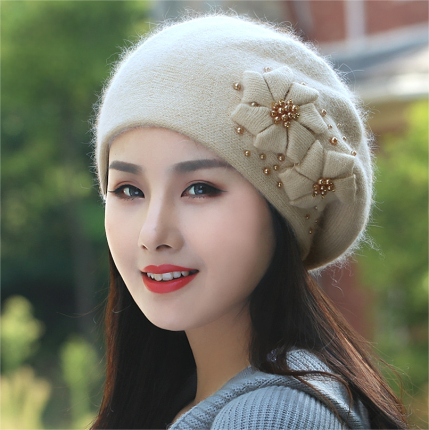 Women's autumn and winter plush warm hat, warm rabbit wool knitted hat, knitted beret