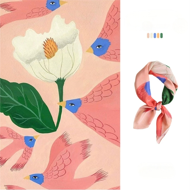 Silk Square Scarf – 100% Mulberry Silk with Bird & Floral Print - AOA Fashion Accessories