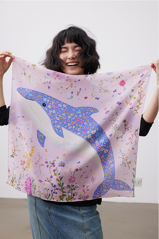 Floral Whale Print Pure Silk Square Scarf
