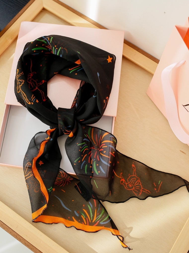 Fireworks Print Skinny Silk Scarf – Lightweight Georgette - AOA Fashion Accessories