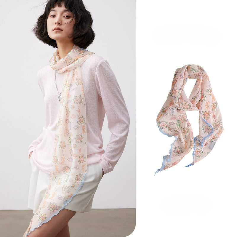 Fireworks Print Skinny Silk Scarf – Lightweight Georgette - AOA Fashion Accessories
