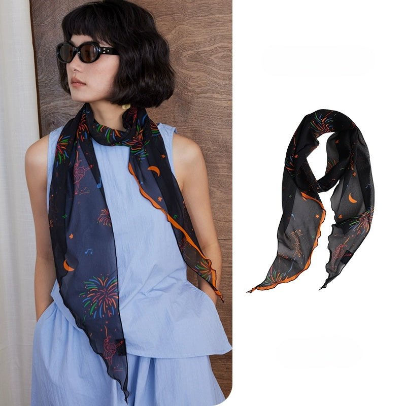 Fireworks Print Skinny Silk Scarf – Lightweight Georgette - AOA Fashion Accessories