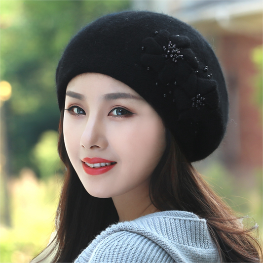 Women's autumn and winter plush warm hat, warm rabbit wool knitted hat, knitted beret
