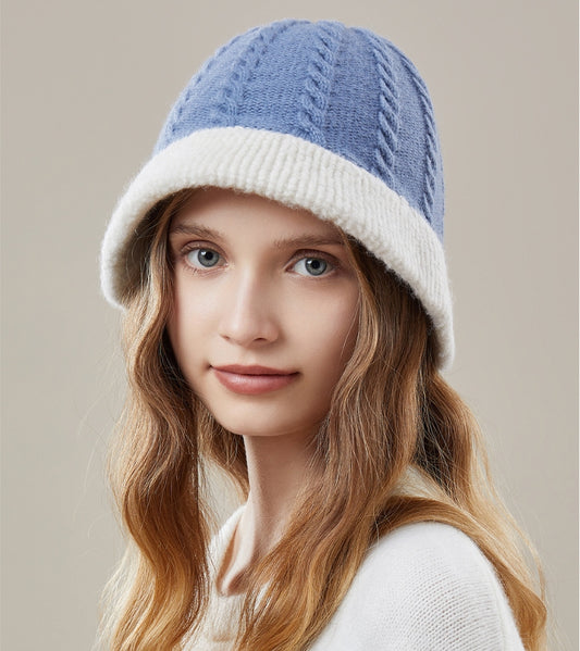 Women's autumn and winter 100% wool warm hat, wool knitted bucket hat