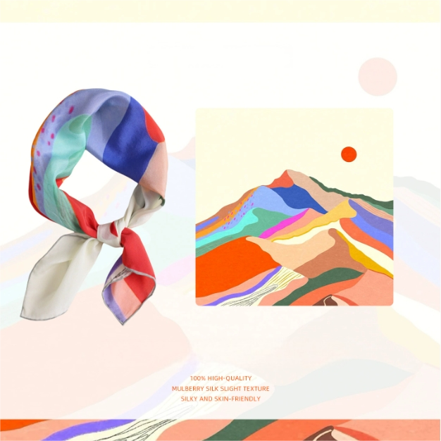 Colorful Landscape Print Pure Silk Square Scarf - AOA Fashion Accessories