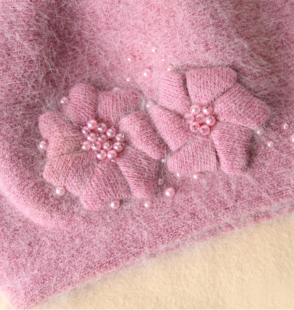 Women's autumn and winter plush warm hat, warm rabbit wool knitted hat, knitted beret