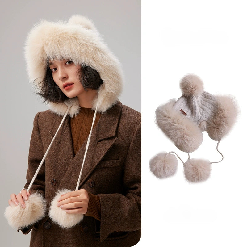 Cashmere Knit Hat with Fox Fur Trim – Cream Beige Elegance