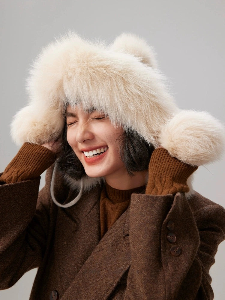 Cashmere Knit Hat with Fox Fur Trim – Cream Beige Elegance