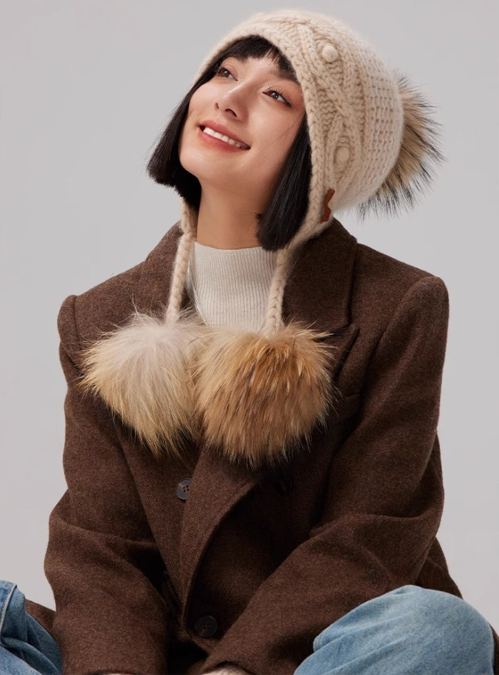 Cashmere Knit Hat with Ear Flaps – Vintage Beige & Taupe Brown