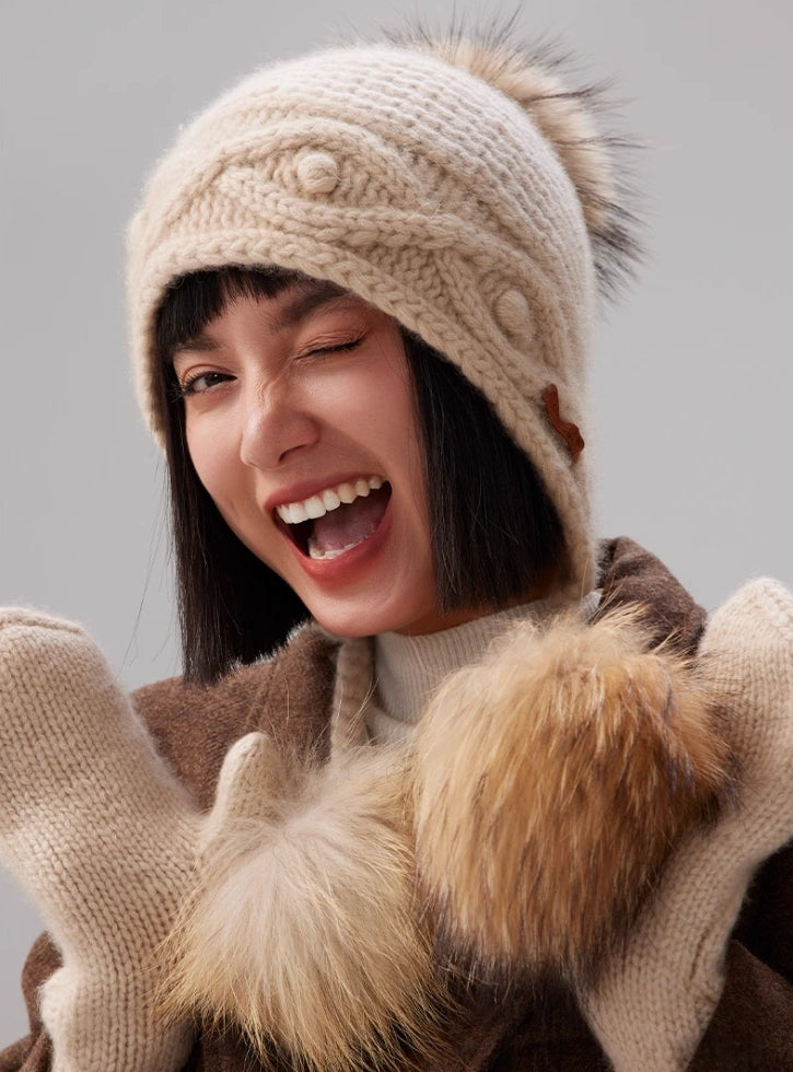 Cashmere Knit Hat with Ear Flaps – Vintage Beige & Taupe Brown