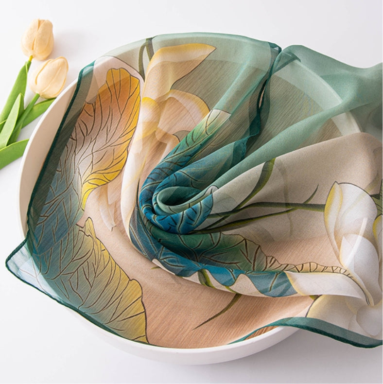 Long Silk Scarf -  Elegant Lotus Pattern Scarves - AOA Fashion Accessories