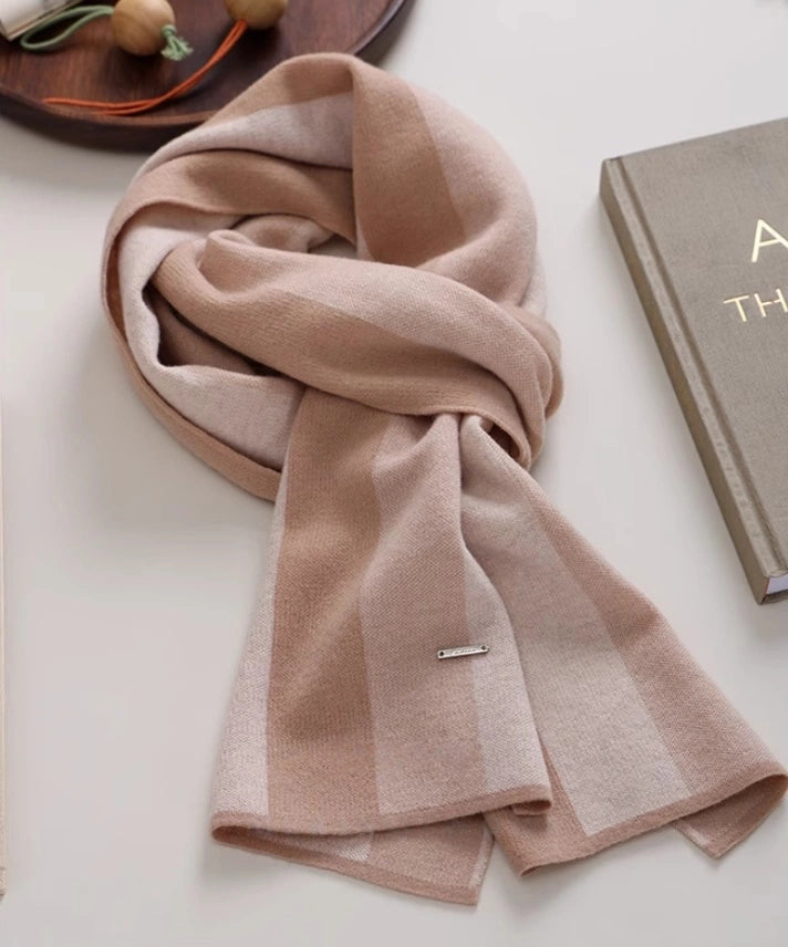 Merino Wool Scarf with Contrast Stripe – Sakura Pink & Cherry Red