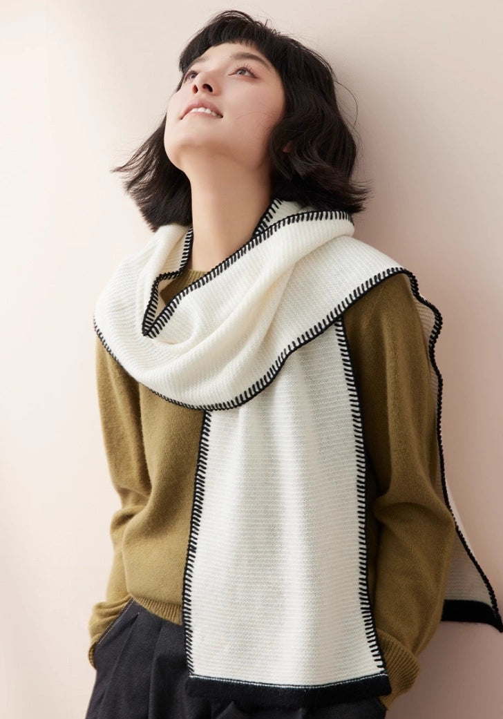Cashmere Scarf – Minimalist Contrast Edge Design | Black & Ivory