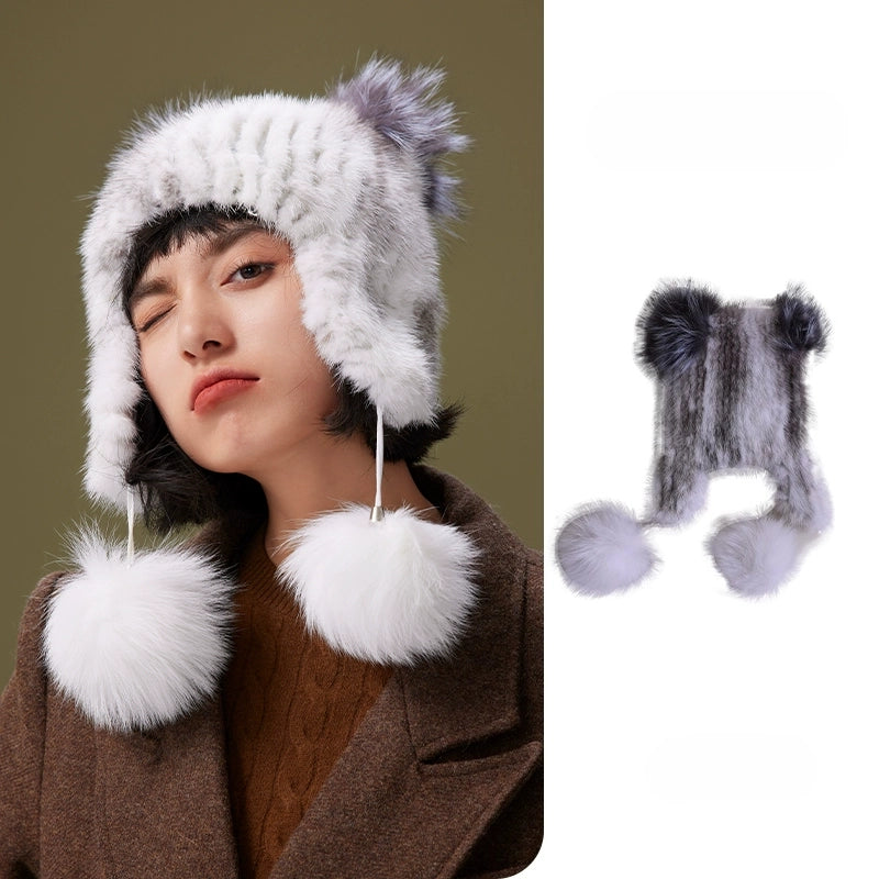 Mink Fur Knitted Hat with Fox Fur Pom Poms | Multiple Colors