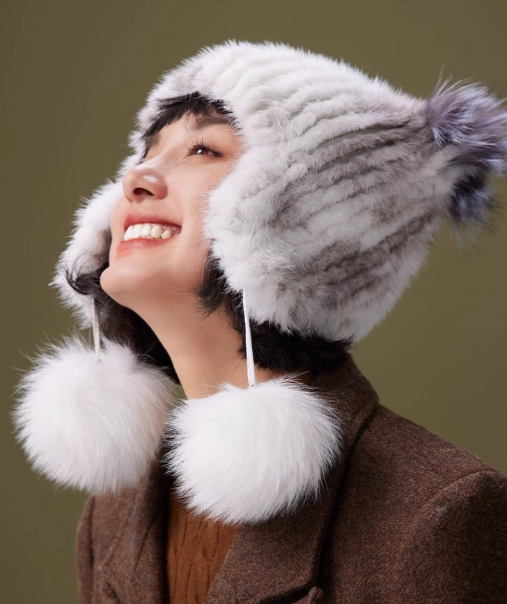 Mink Fur Knitted Hat with Fox Fur Pom Poms | Multiple Colors