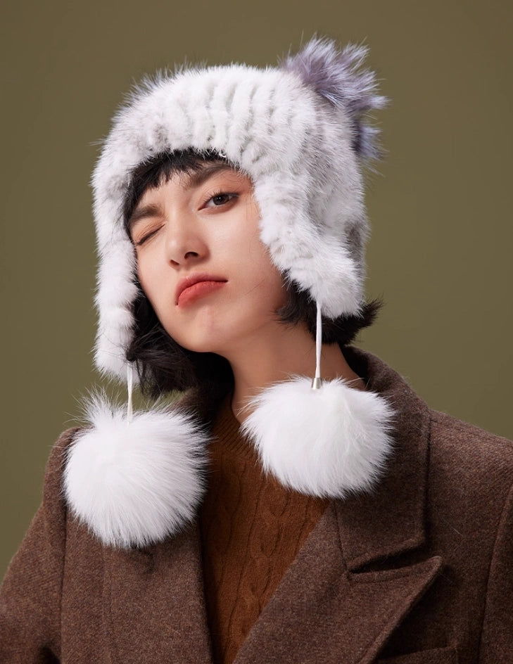 Mink Fur Knitted Hat with Fox Fur Pom Poms | Multiple Colors
