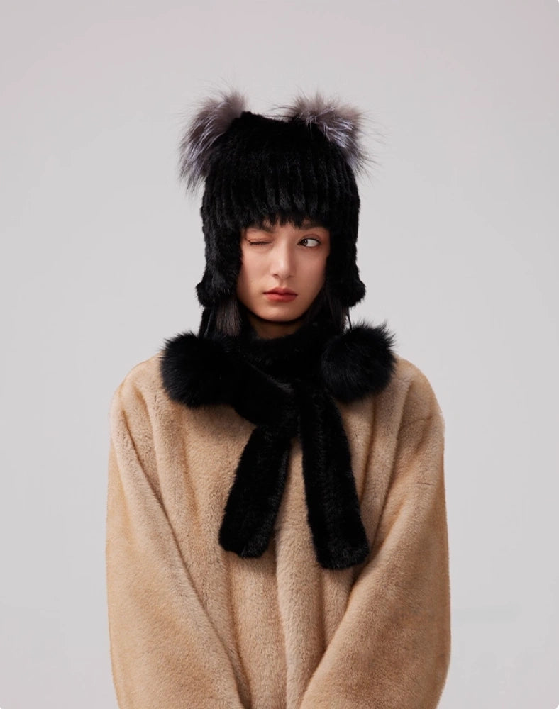 Mink Fur Knitted Hat with Fox Fur Pom Poms | Multiple Colors