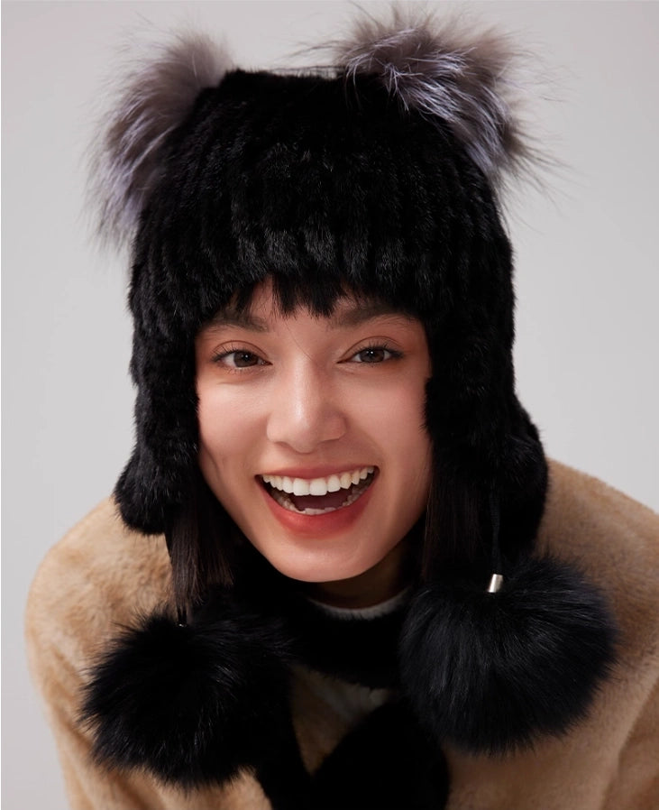 Mink Fur Knitted Hat with Fox Fur Pom Poms | Multiple Colors