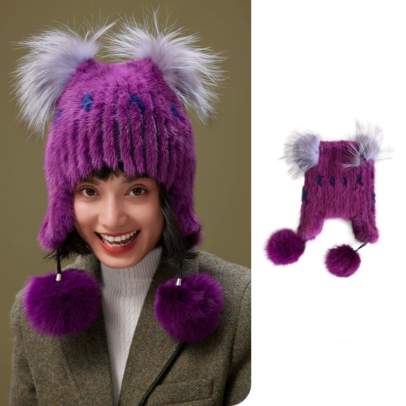 Mink Fur Knitted Hat with Fox Fur Pom Poms | Multiple Colors