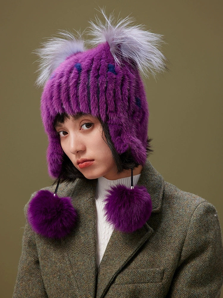 Mink Fur Knitted Hat with Fox Fur Pom Poms | Multiple Colors