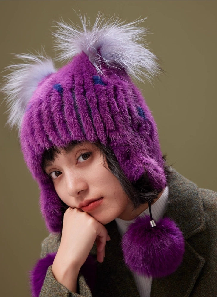 Mink Fur Knitted Hat with Fox Fur Pom Poms | Multiple Colors