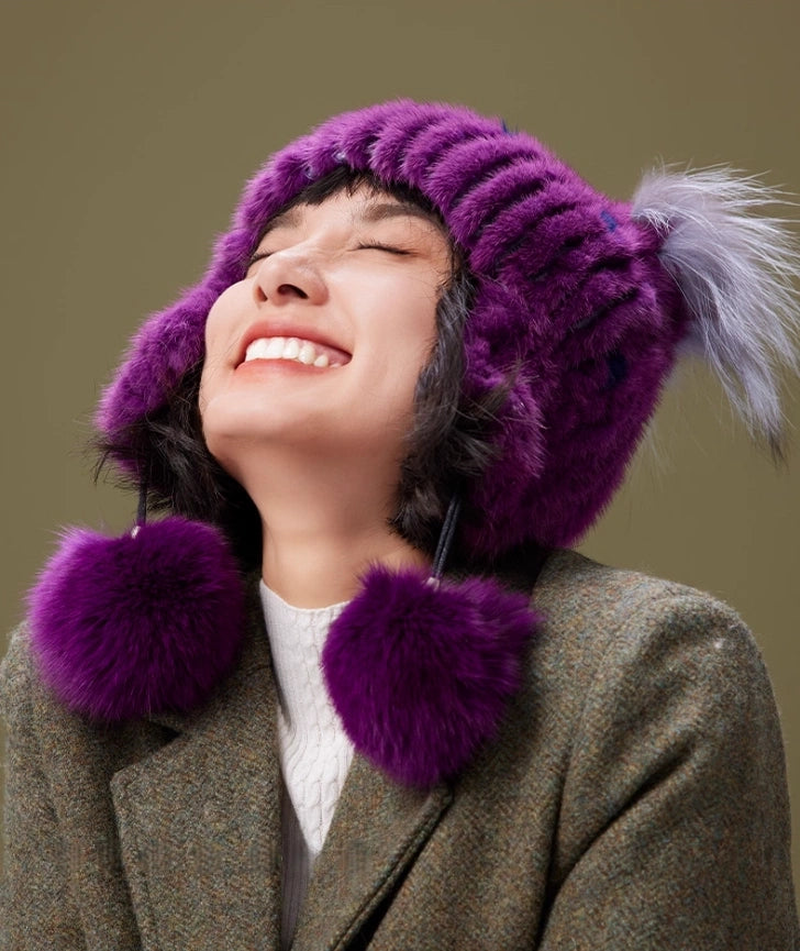 Mink Fur Knitted Hat with Fox Fur Pom Poms | Multiple Colors