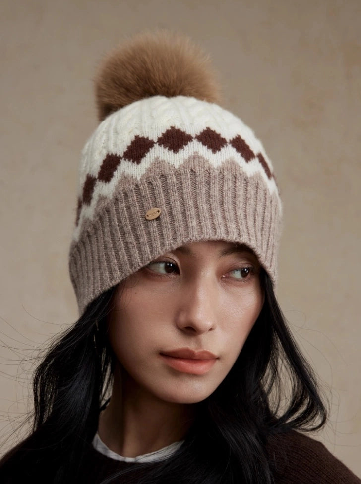 Merino Wool Beanie Hat with Fox Fur Pom