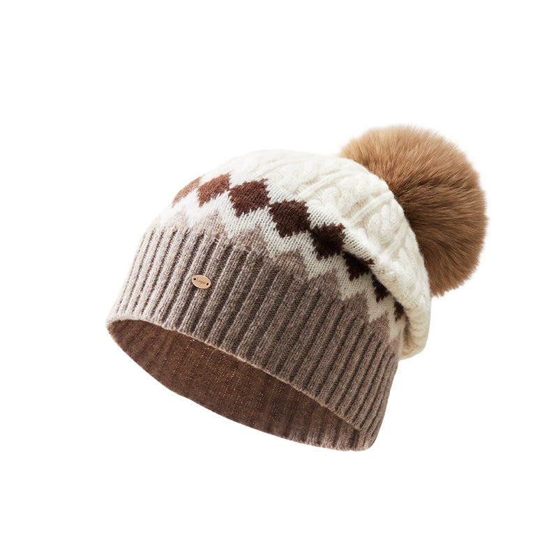 Merino Wool Beanie Hat with Fox Fur Pom