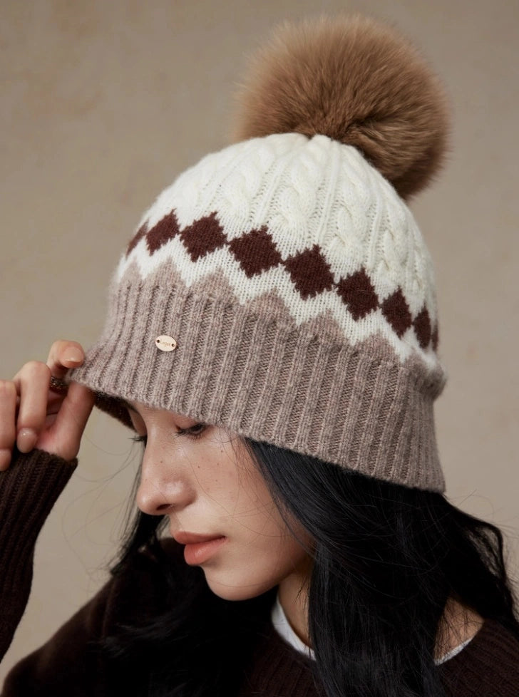 Merino Wool Beanie Hat with Fox Fur Pom