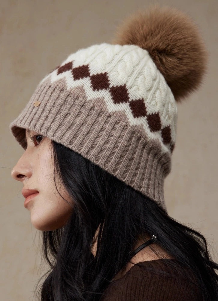 Merino Wool Beanie Hat with Fox Fur Pom