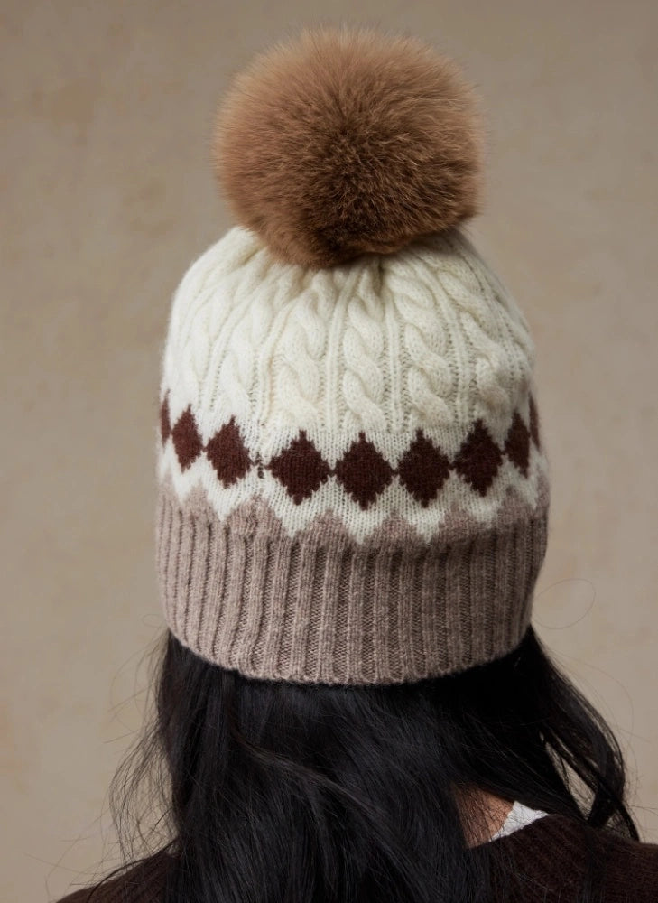 Merino Wool Beanie Hat with Fox Fur Pom