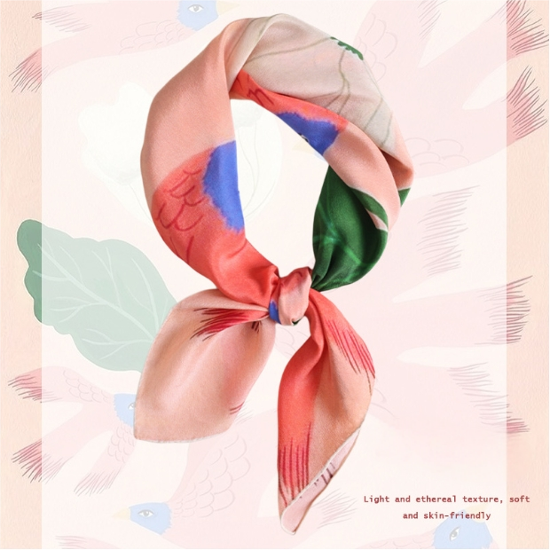 Silk Square Scarf – 100% Mulberry Silk with Bird & Floral Print - AOA Fashion Accessories