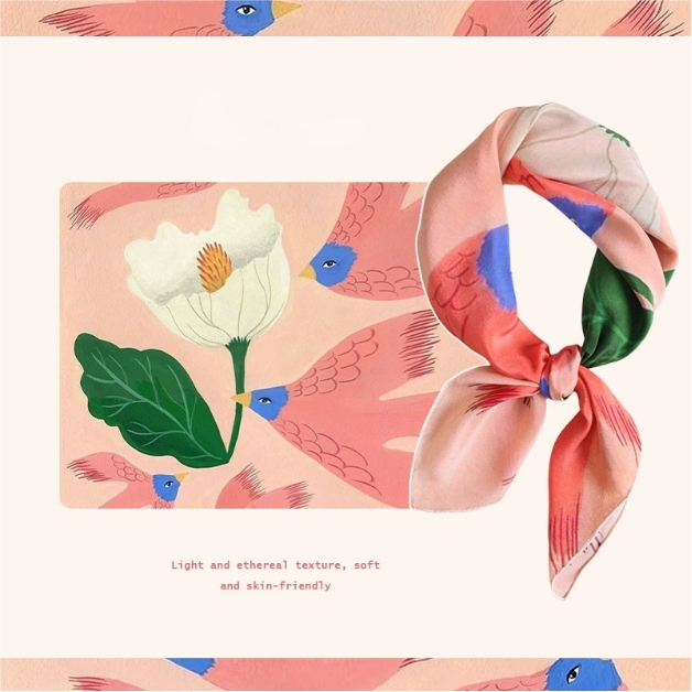 Silk Square Scarf – 100% Mulberry Silk with Bird & Floral Print - AOA Fashion Accessories