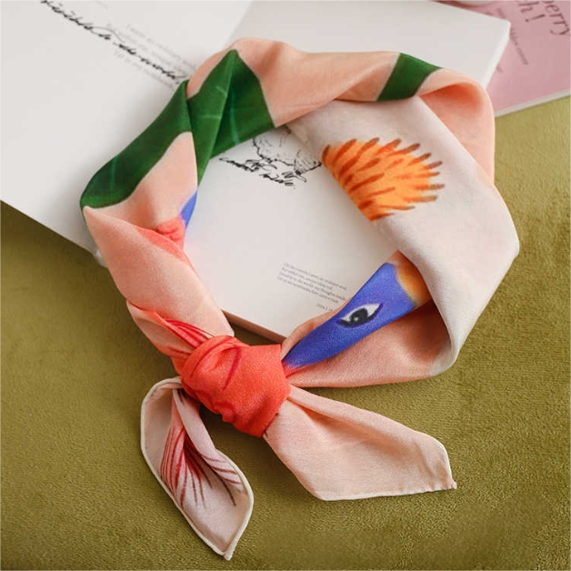 Silk Square Scarf – 100% Mulberry Silk with Bird & Floral Print - AOA Fashion Accessories