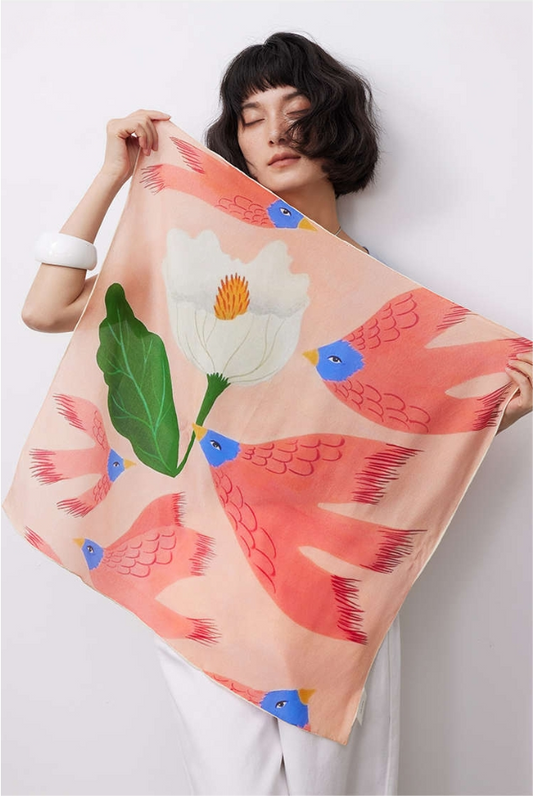 Silk Square Scarf – 100% Mulberry Silk with Bird & Floral Print